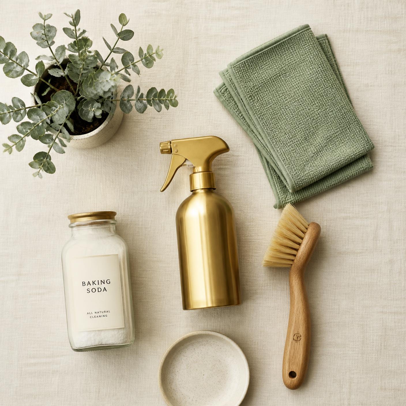 Curated PureHaven Cleaning cleaning kit — brass sprayer, sage microfiber, natural bristle brush